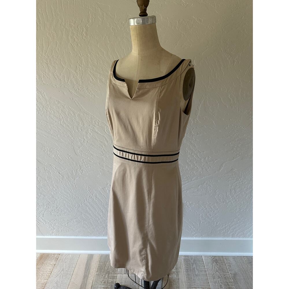 White House Black Market Khaki Split-Neck Sheath Dress with Black Trim - Picture 3 of 13